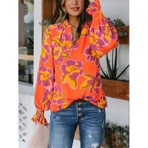 Floral V Neck Blouse Long Sleeve Puff Sleeve Casual Top Women Orange